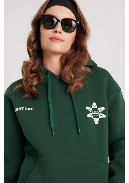 Kadın Oversize Geniş Kesim Pamuklu Yumuşak Dokulu Içi Polarlı Baskılı Yeşil Kapüşonlu Sweatshirt fiyatları