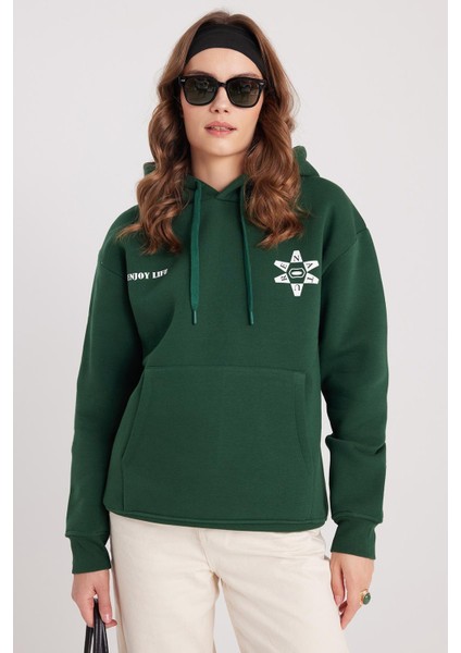 Kadın Oversize Geniş Kesim Pamuklu Yumuşak Dokulu Içi Polarlı Baskılı Yeşil Kapüşonlu Sweatshirt fırsatları