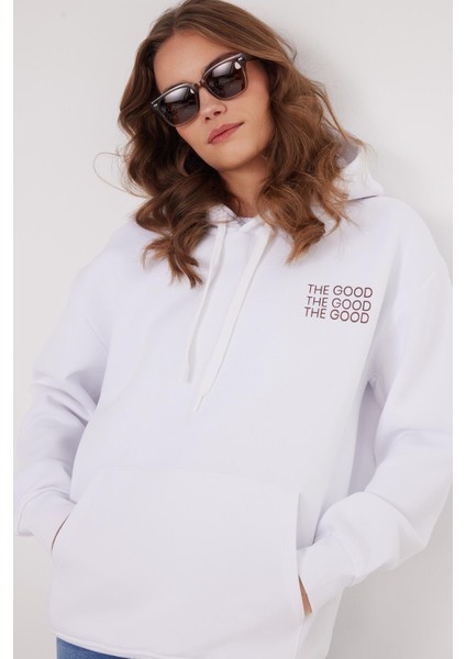 Kadın Oversize Geniş Kesim Pamuklu Yumuşak Dokulu Içi Polarlı Baskılı Beyaz Kapüşonlu Sweatshirt fiyatları