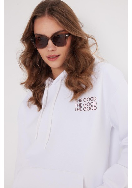 Kadın Oversize Geniş Kesim Pamuklu Yumuşak Dokulu Içi Polarlı Baskılı Beyaz Kapüşonlu Sweatshirt fırsatları