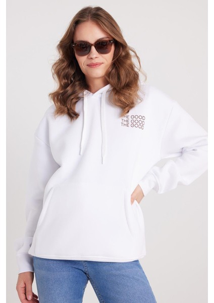 Kadın Oversize Geniş Kesim Pamuklu Yumuşak Dokulu Içi Polarlı Baskılı Beyaz Kapüşonlu Sweatshirt indirimleri