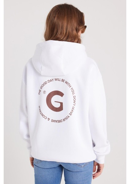 Kadın Oversize Geniş Kesim Pamuklu Yumuşak Dokulu Içi Polarlı Baskılı Beyaz Kapüşonlu Sweatshirt