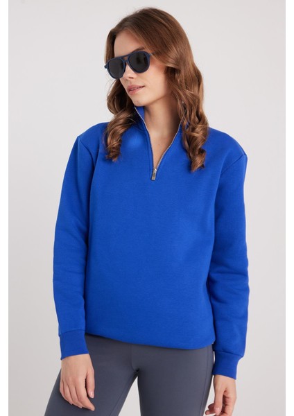 Kadın Relax Fit Rahat Kesim Pamuklu Içi Polarlı Yarım Fermuarlı Sax Mavi Dik Yaka Sweatshirt