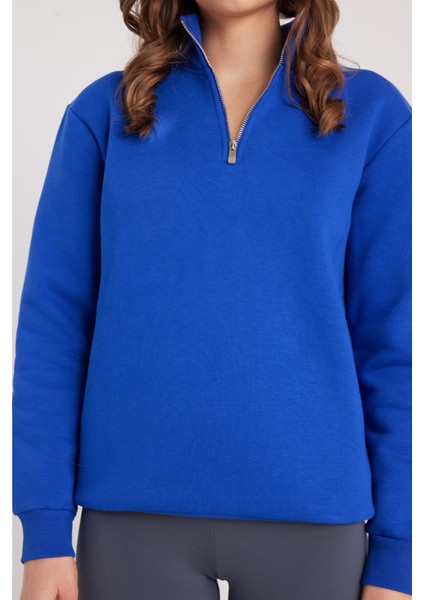 Kadın Relax Fit Rahat Kesim Pamuklu Içi Polarlı Yarım Fermuarlı Sax Mavi Dik Yaka Sweatshirt modelleri