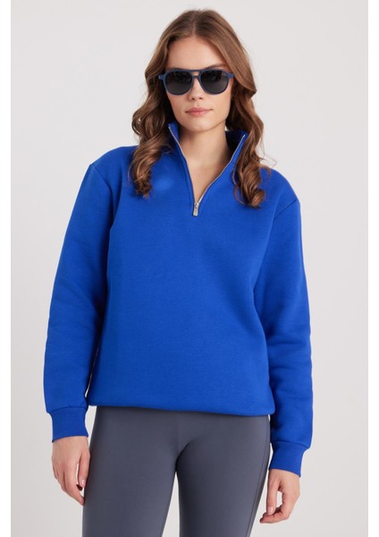 Kadın Relax Fit Rahat Kesim Pamuklu Içi Polarlı Yarım Fermuarlı Sax Mavi Dik Yaka Sweatshirt fırsatları