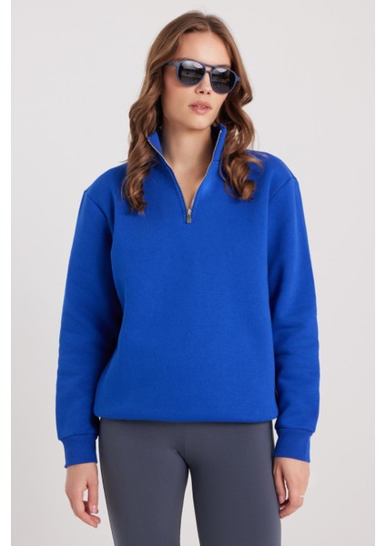 Kadın Relax Fit Rahat Kesim Pamuklu Içi Polarlı Yarım Fermuarlı Sax Mavi Dik Yaka Sweatshirt indirimleri
