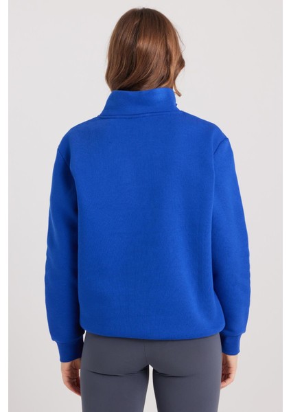 Kadın Relax Fit Rahat Kesim Pamuklu Içi Polarlı Yarım Fermuarlı Sax Mavi Dik Yaka Sweatshirt