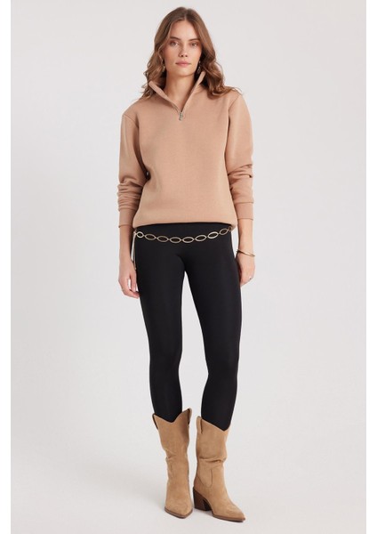 Kadın Relax Fit Rahat Kesim Pamuklu Içi Polarlı Yarım Fermuarlı Taş Renk Dik Yaka Sweatshirt indirimleri