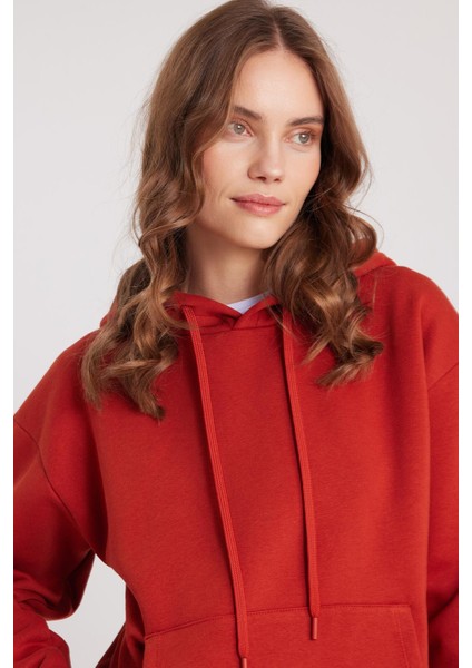 Kadın Oversize Geniş Kesim Pamuklu Yumuşak Dokulu Içi Polarlı Basic Kiremit Kapüşonlu Sweatshirt fiyatları