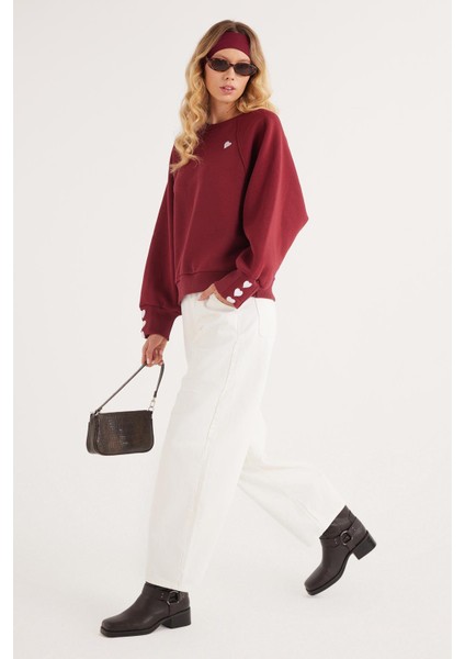 Kadın Regular Fit Klasik Kesim %100 Pamuk Baskılı Bisiklet Yaka Bordo Sweatshirt indirimleri