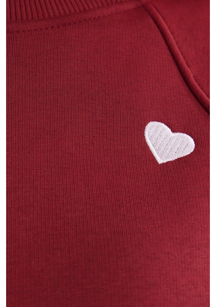 Kadın Regular Fit Klasik Kesim %100 Pamuk Baskılı Bisiklet Yaka Bordo Sweatshirt