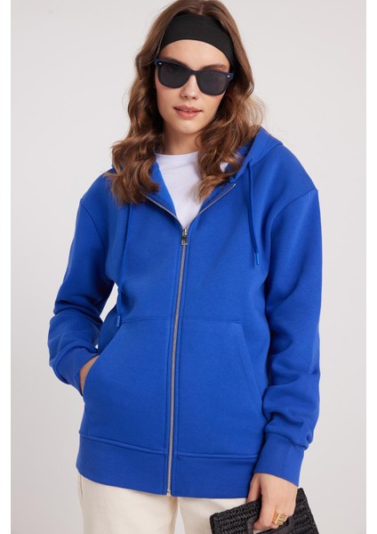 Kadın Relax Fit Rahat Kesim Pamuklu Içi Polarlı Çift Cepli Fermuarlı Sax Mavi Kapüşonlu Sweatshirt fiyatları