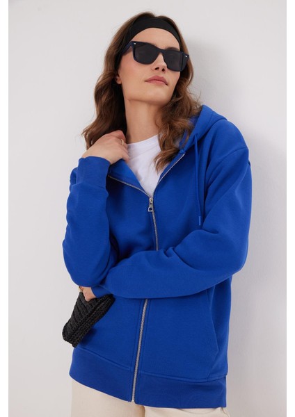 Kadın Relax Fit Rahat Kesim Pamuklu Içi Polarlı Çift Cepli Fermuarlı Sax Mavi Kapüşonlu Sweatshirt indirimleri