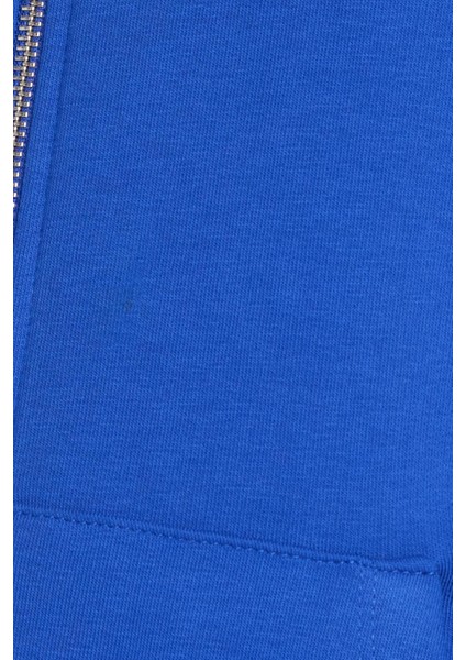 Kadın Relax Fit Rahat Kesim Pamuklu Içi Polarlı Çift Cepli Fermuarlı Sax Mavi Kapüşonlu Sweatshirt