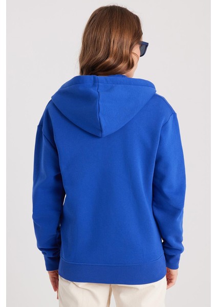 Kadın Relax Fit Rahat Kesim Pamuklu Içi Polarlı Çift Cepli Fermuarlı Sax Mavi Kapüşonlu Sweatshirt