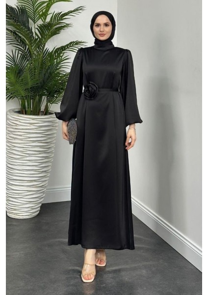 Kemeri Gül Detaylı Saten Tesettür Abiye- Siyah