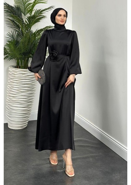 Kemeri Gül Detaylı Saten Tesettür Abiye- Siyah fiyatları