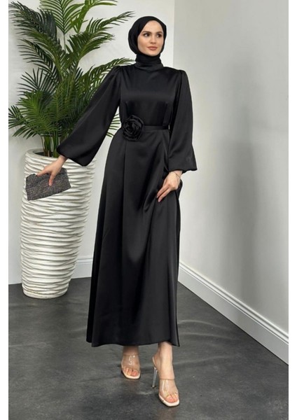 Kemeri Gül Detaylı Saten Tesettür Abiye- Siyah modelleri