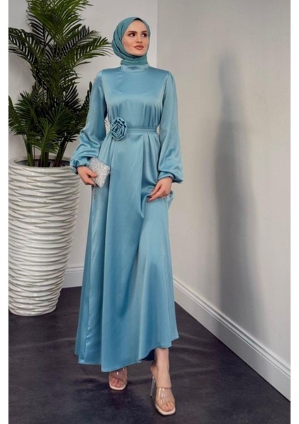 Kemeri Gül Detaylı Saten Tesettür Abiye- Turkuaz