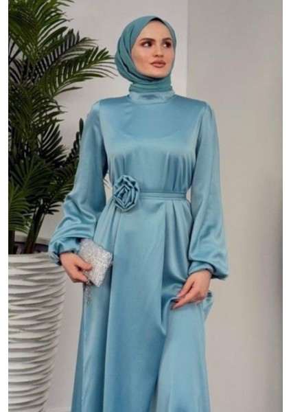Kemeri Gül Detaylı Saten Tesettür Abiye- Turkuaz fiyatları