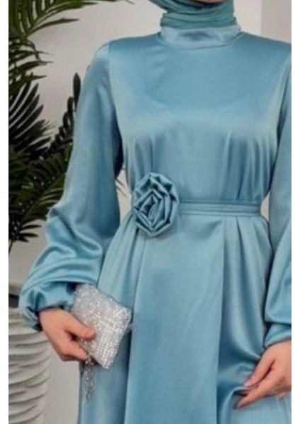 Kemeri Gül Detaylı Saten Tesettür Abiye- Turkuaz modelleri