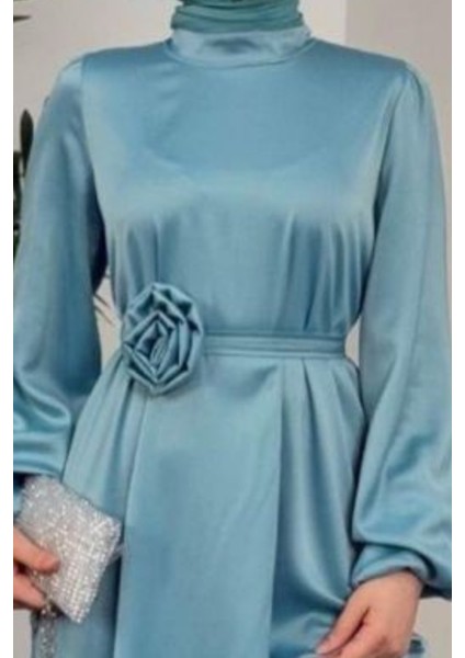 Kemeri Gül Detaylı Saten Tesettür Abiye- Turkuaz fırsatları