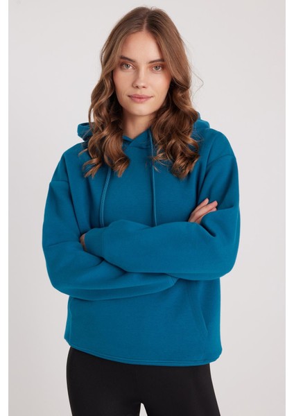 Kadın Oversize Geniş Kesim Pamuklu Yumuşak Dokulu Içi Polarlı Basic Petrol Kapüşonlu Sweatshirt