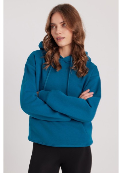 Kadın Oversize Geniş Kesim Pamuklu Yumuşak Dokulu Içi Polarlı Basic Petrol Kapüşonlu Sweatshirt fırsatları