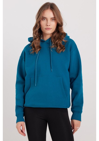 Kadın Oversize Geniş Kesim Pamuklu Yumuşak Dokulu Içi Polarlı Basic Petrol Kapüşonlu Sweatshirt indirimleri