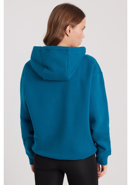 Kadın Oversize Geniş Kesim Pamuklu Yumuşak Dokulu Içi Polarlı Basic Petrol Kapüşonlu Sweatshirt
