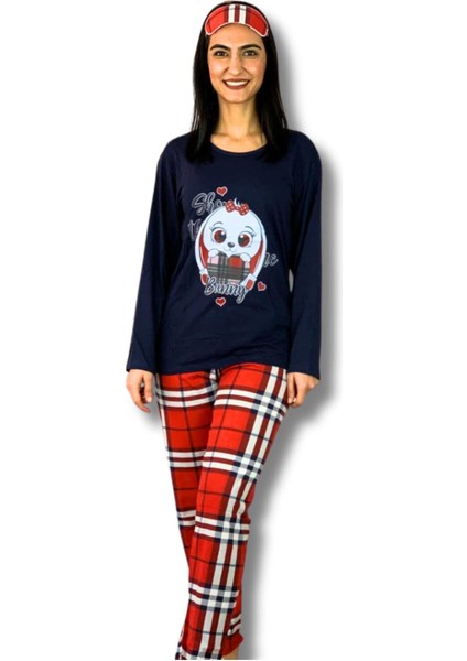 Kadın Ekose Desenli Uyku Bantlı Pijama Takımı (Lacivert-Kırmızı)