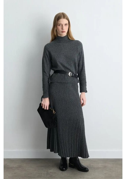 Yünlü Pilise Triko Etek - Antrasit