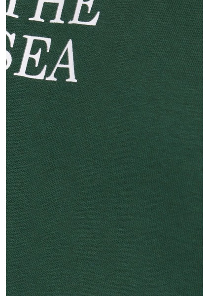 Kadın Oversize Geniş Kesim Pamuklu Yumuşak Dokulu Içi Polarlı Baskılı Yeşil Kapüşonlu Sweatshirt