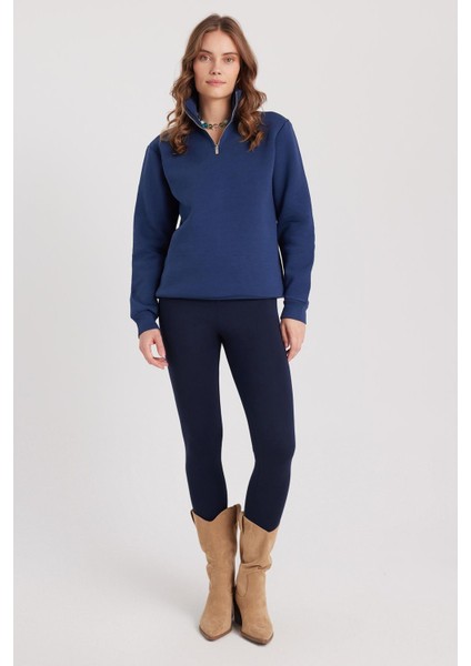 Kadın Relax Fit Rahat Kesim Pamuklu Içi Polarlı Yarım Fermuarlı Lacivert Dik Yaka Sweatshirt fırsatları