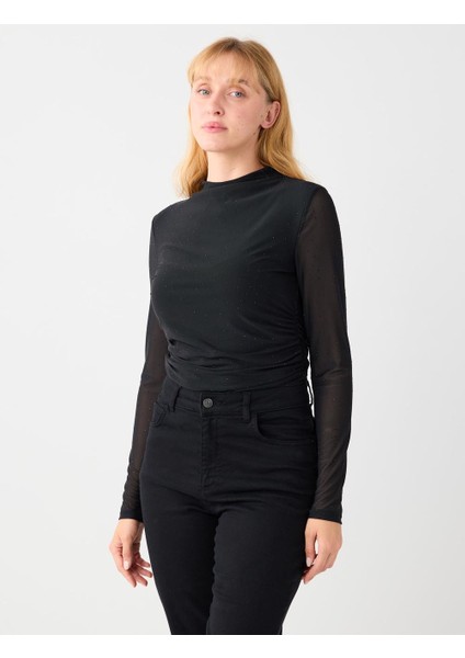 Siyah Dar Kesim Uzun Kollu Dik Yaka Taşlı Mesh Örme Bluz