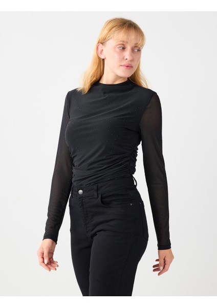 Siyah Dar Kesim Uzun Kollu Dik Yaka Taşlı Mesh Örme Bluz modelleri