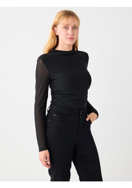 Siyah Dar Kesim Uzun Kollu Dik Yaka Taşlı Mesh Örme Bluz fırsatları