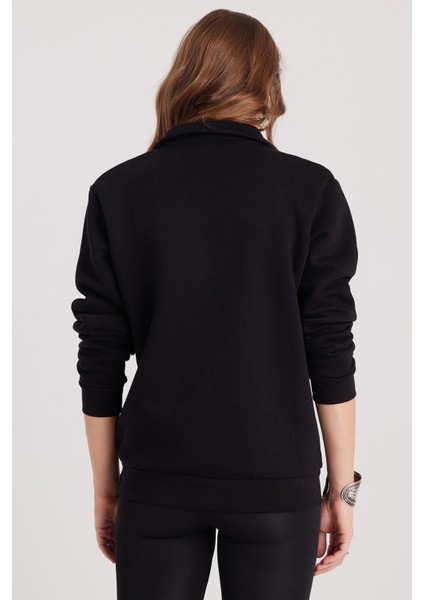 Kadın Relax Fit Rahat Kesim Pamuklu Içi Polarlı Yarım Fermuarlı Siyah Dik Yaka Sweatshirt