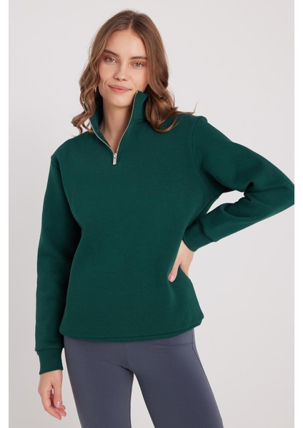 Kadın Relax Fit Rahat Kesim Pamuklu Içi Polarlı Yarım Fermuarlı Haki Dik Yaka Sweatshirt indirimleri