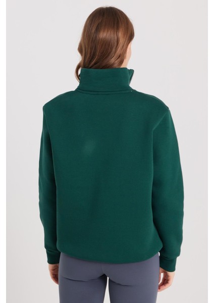 Kadın Relax Fit Rahat Kesim Pamuklu Içi Polarlı Yarım Fermuarlı Haki Dik Yaka Sweatshirt