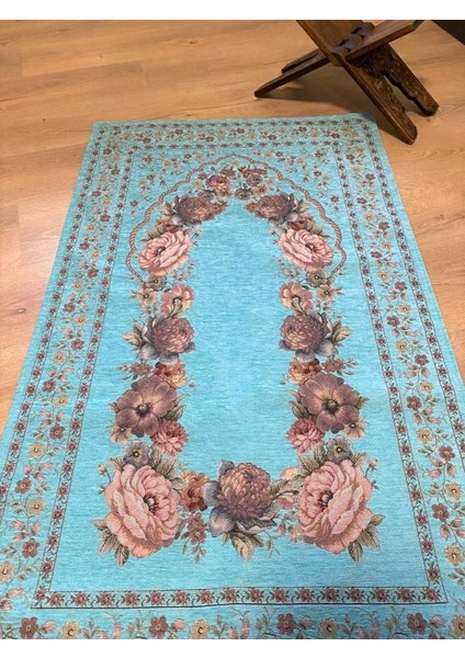 Firuze Mavisi Jakarlı Dokuma Goblen Dekoratif Astarsız Saçaksız Şönilli Seccade 70*115