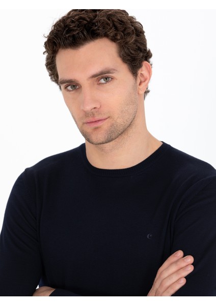 Erkek Lacivert Regular Fit %100 Yün Bisiklet Yaka Basic Triko Kazak 50259680-VR033