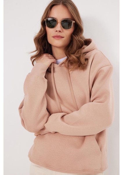 Kadın Oversize Geniş Kesim Pamuklu Yumuşak Dokulu Içi Polarlı Basic Vizon Kapüşonlu Sweatshirt