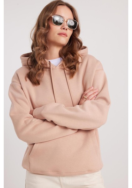 Kadın Oversize Geniş Kesim Pamuklu Yumuşak Dokulu Içi Polarlı Basic Vizon Kapüşonlu Sweatshirt indirimleri