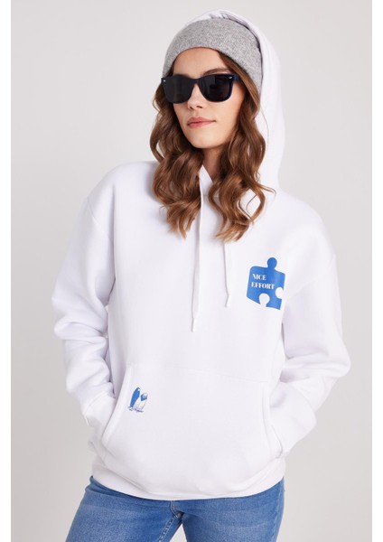 Kadın Oversize Geniş Kesim Pamuklu Yumuşak Dokulu Içi Polarlı Baskılı Beyaz Kapüşonlu Sweatshirt fırsatları
