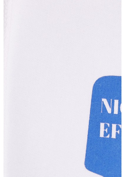 Kadın Oversize Geniş Kesim Pamuklu Yumuşak Dokulu Içi Polarlı Baskılı Beyaz Kapüşonlu Sweatshirt