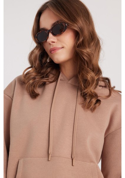 Kadın Oversize Geniş Kesim Pamuklu Yumuşak Dokulu Içi Polarlı Basic Vizon Kapüşonlu Sweatshirt fiyatları