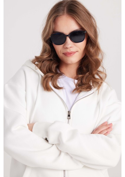Kadın Relax Fit Rahat Kesim Pamuklu Içi Polarlı Çift Cepli Fermuarlı Beyaz Kapüşonlu Sweatshirt fiyatları