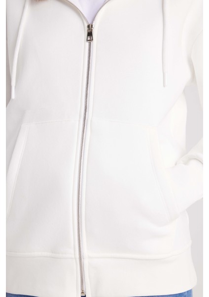 Kadın Relax Fit Rahat Kesim Pamuklu Içi Polarlı Çift Cepli Fermuarlı Beyaz Kapüşonlu Sweatshirt modelleri