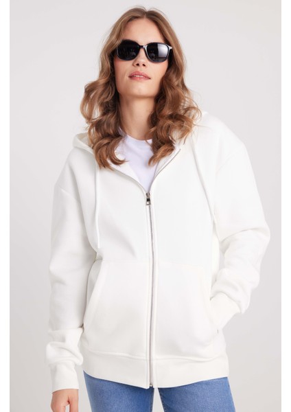 Kadın Relax Fit Rahat Kesim Pamuklu Içi Polarlı Çift Cepli Fermuarlı Beyaz Kapüşonlu Sweatshirt fırsatları